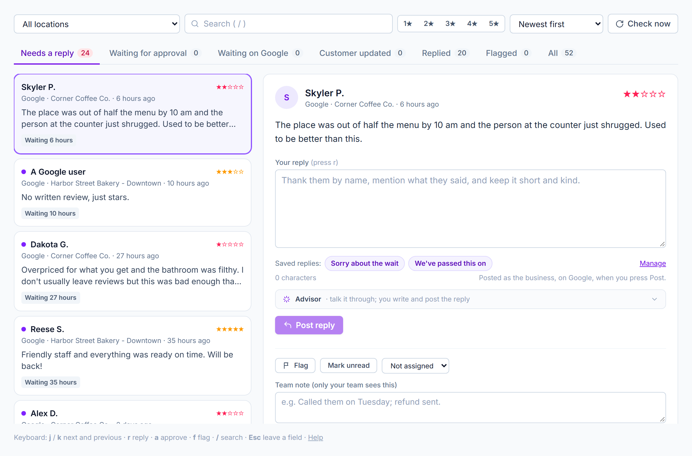 The Reviews page: filters across the top, the counter strip beneath them, the list of reviews on the left with the one that needs a reply first, and on the right the chosen review with the reply box, saved replies, the advisor and the Post reply button